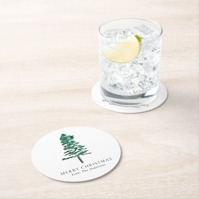 Dessous De Verre Rond Aquarelle Pine Tree Photo Noël moderne (En situation)
