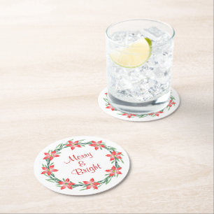 Dessous De Verre Rond Aquarelle Poinsettia Feuille Wreath