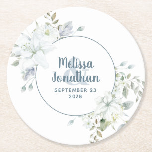 Dessous De Verre Rond Aquarelle romantique fleurs blanches mariage
