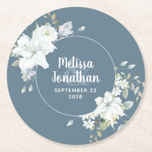 Dessous De Verre Rond Aquarelle romantique fleurs blanches mariage