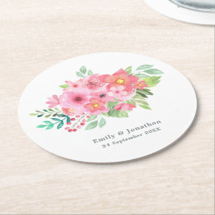 Dessous De Verre Rond Aquarelle rose fleurie Noms Date Mariage