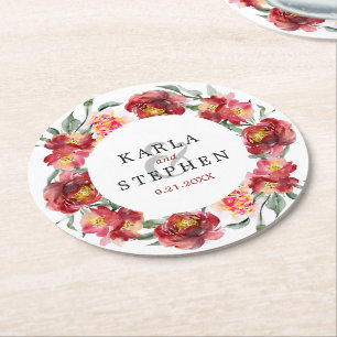 Dessous De Verre Rond Aquarelle rouge profond Jardin Fleurs Wreath
