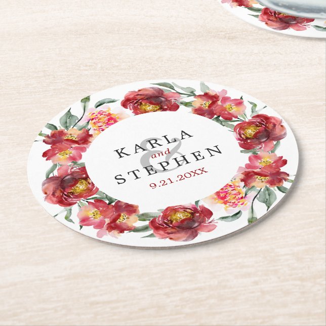 Dessous De Verre Rond Aquarelle rouge profond Jardin Fleurs Wreath (Incliné)
