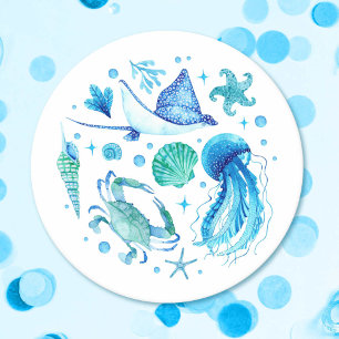 Dessous De Verre Rond Aquarelle sous la méduse bleu marine, coquille mar