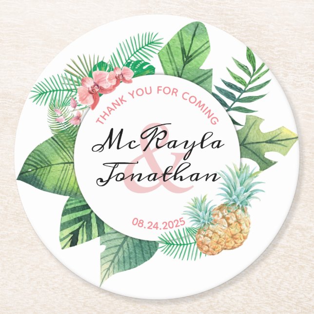 Dessous De Verre Rond Aquarelle Tropical Ananas Mariage Faveur (Devant)