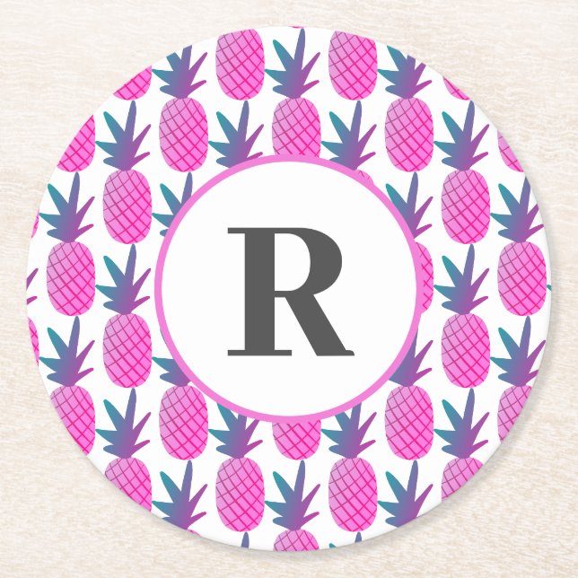 Dessous De Verre Rond Aquarelle tropicale rose Monogramme d'ananas (Devant)