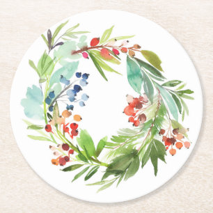 Dessous De Verre Rond Aquarelle Winterberry Holly et Juniper Christmas
