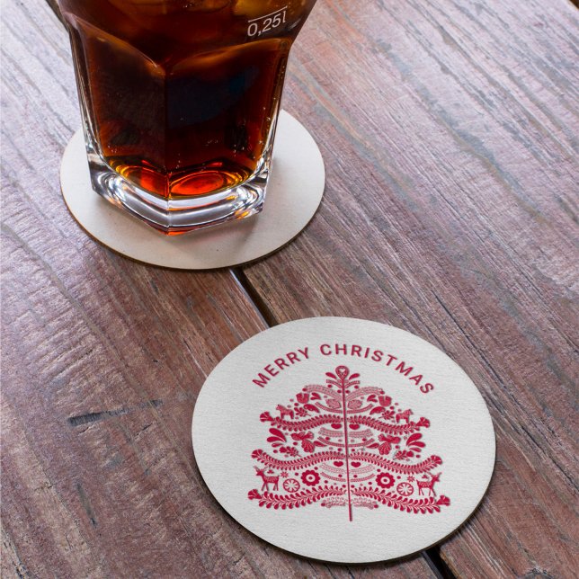 Dessous De Verre Rond Arbre de Noël d'art populaire scandinave rouge (Créateur téléchargé)