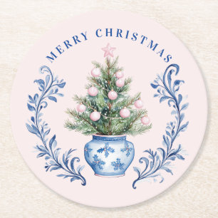 Dessous De Verre Rond Arbre de Noël rose et bleu Damas