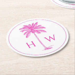 Dessous De Verre Rond Arbre Palmier Rose et Blanc Monogramme