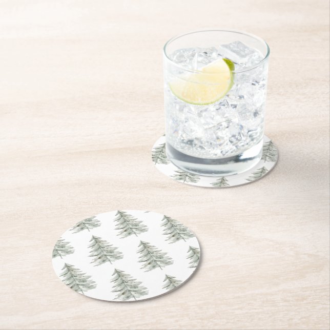 Dessous De Verre Rond Arbres verts blancs de Noël (En situation)