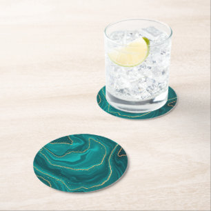 Dessous De Verre Rond Arrière - plan en marbre liquide turquoise avec or