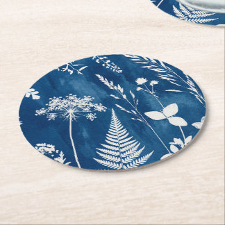 Dessous De Verre Rond Art botanique de fougère au cyanotype bleu indigo 