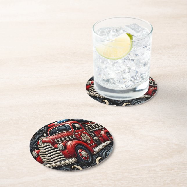 Dessous De Verre Rond Art camion feu en cuir (En situation)