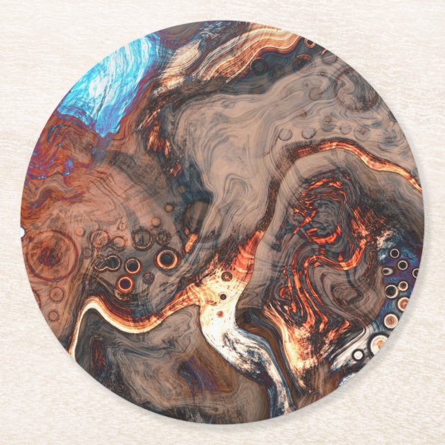 Dessous De Verre Rond Art moderne Brown, bleu et orange (Devant)
