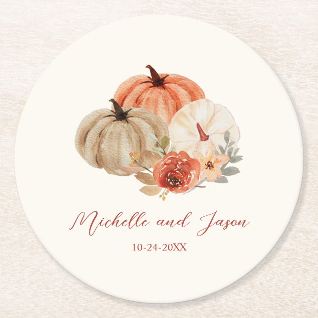 Dessous De Verre Rond Automne Fleurs Citrouilles Élégantes Tombant amour (Devant)