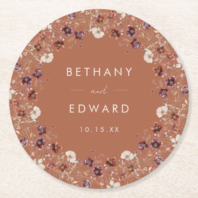 Dessous De Verre Rond Automne Floral Terracotta Mariage (Devant)