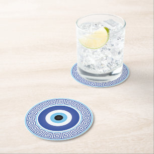 Dessous De Verre Rond Aztèque Cercle grec Clé Mal Oeil Bleu Bleu