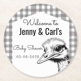 Dessous De Verre Rond Baby shower autruche Gingham gris mignon