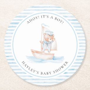Dessous De Verre Rond Baby shower Bear Bleu Stripe