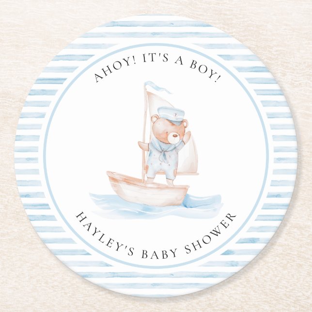 Dessous De Verre Rond Baby shower Bear Bleu Stripe (Devant)