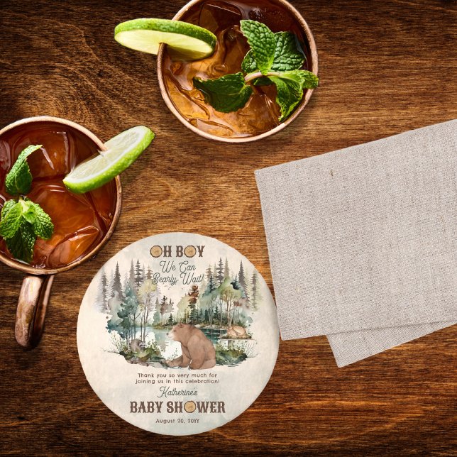 Dessous De Verre Rond Baby shower d'attente avant forêt rustique Merci ("Oh Boy We Can Bearly Wait!" Rustic Woodland Bear and Forest Animals Baby Shower Round Coasters)
