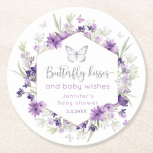 Dessous De Verre Rond Baby shower de baisers de papillon en argent viole