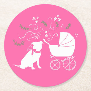 Dessous De Verre Rond Baby shower de chien taureau rose