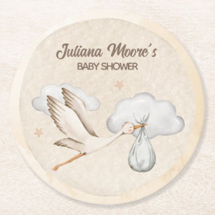 Dessous De Verre Rond Baby shower de cigogne d'aquarelle