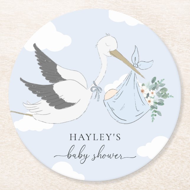 Dessous De Verre Rond Baby shower de la cigogne bleue (Devant)