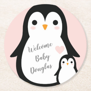 Dessous De Verre Rond Baby shower de pingouin rose