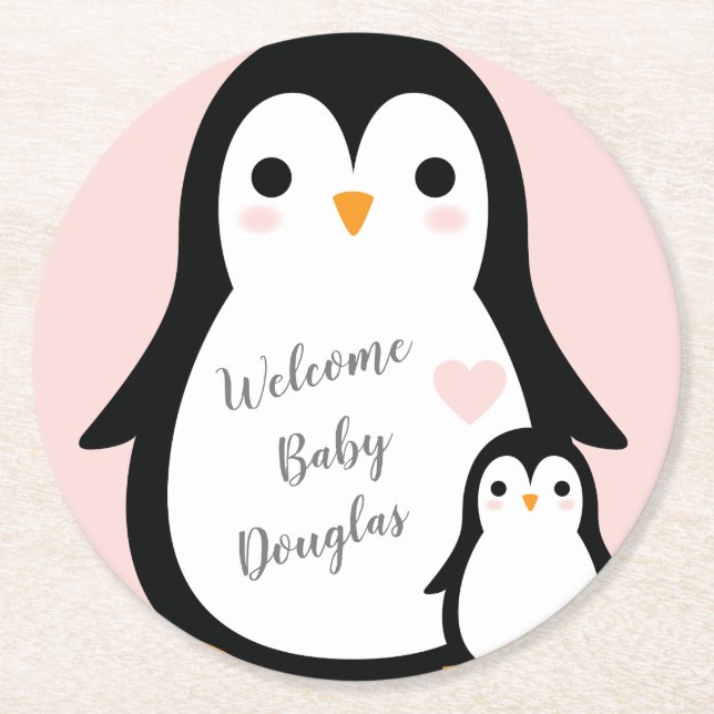 Dessous De Verre Rond Baby shower de pingouin rose (Devant)