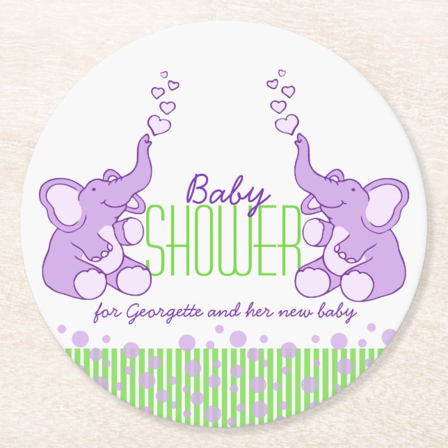 Dessous De Verre Rond Baby shower deux éléphants vert pourpre (Devant)