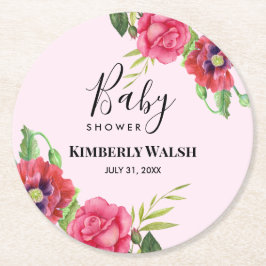 Dessous De Verre Rond Baby shower Fleurs rouges roses modernes sur rose