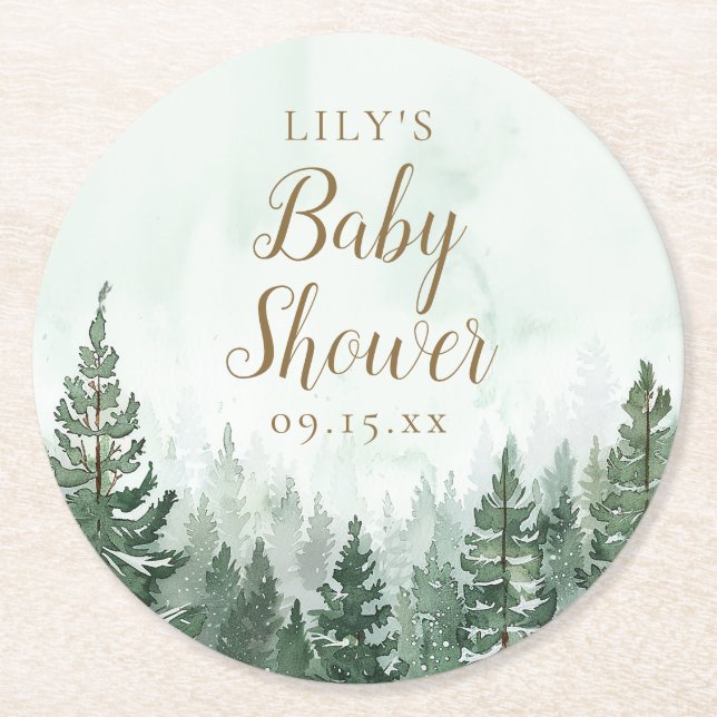 Dessous De Verre Rond Baby shower forestier rustique de pins (Devant)