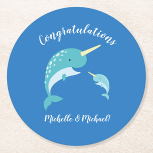 Dessous De Verre Rond Baby shower Narwhal Bleu Garçon mignon