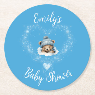 Dessous De Verre Rond Baby shower Ours Bleu Teddy Excité