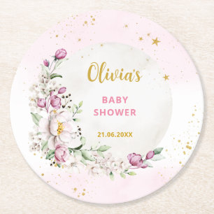 Dessous De Verre Rond Baby shower rose lune florale