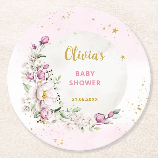 Dessous De Verre Rond Baby shower rose lune florale (Devant)
