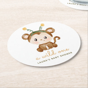 Dessous De Verre Rond Baby Shower Singe Aquarelle Feuilles Tropicales