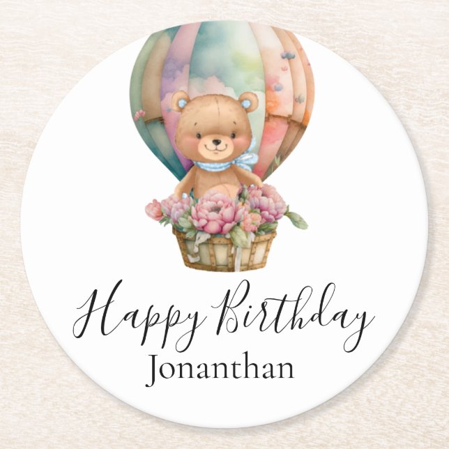 Dessous De Verre Rond Balloon Ours Teddy Joyeux anniversaire (Devant)