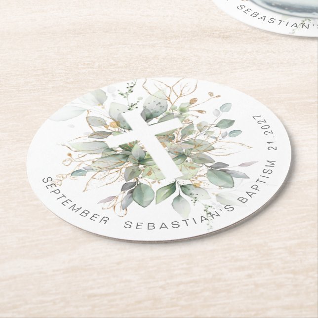 Dessous De Verre Rond Baptême croisé de feuillage vert (Incliné)