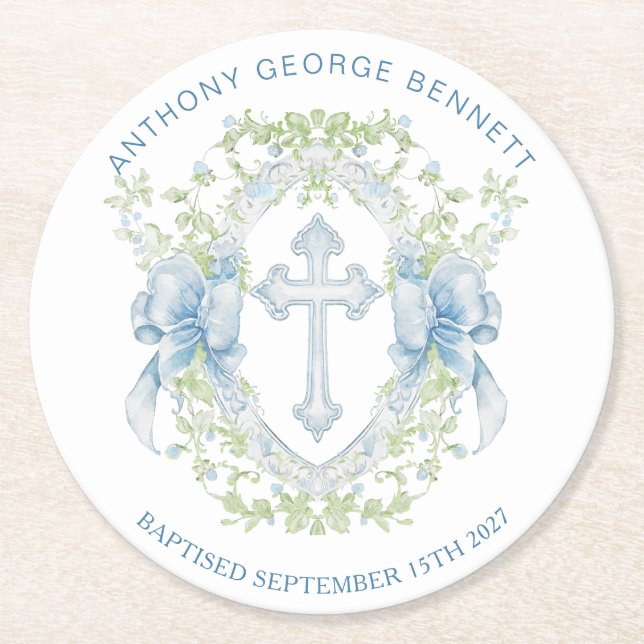 Dessous De Verre Rond Baptême Croix Crest Verdure Baby Boy (Devant)