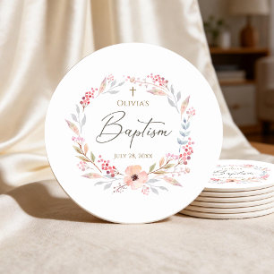 Dessous De Verre Rond Baptême Fille Rose Pâle Floral
