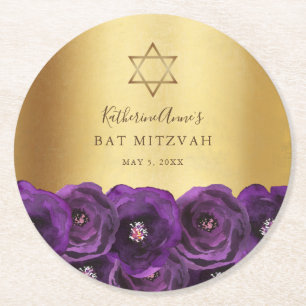 Dessous De Verre Rond Bar Mitzvah Fleurie Élégante Violet