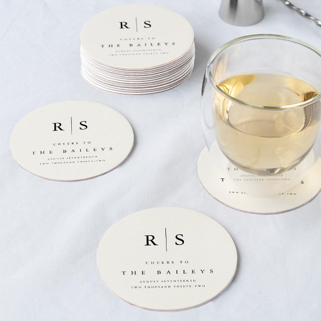 Dessous De Verre Rond Barre de Mariage Monogramme Noir & Écru classique (Créateur téléchargé)