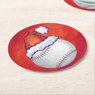 Dessous De Verre Rond Baseball avec Santa Hat sur Rouge