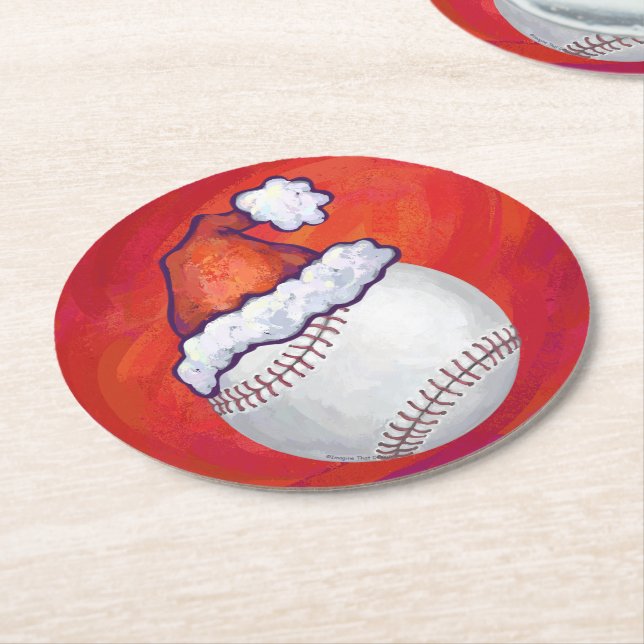 Dessous De Verre Rond Baseball avec Santa Hat sur Rouge (Incliné)