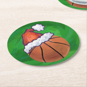 Dessous De Verre Rond Basket-ball de Santa Hat sur Green