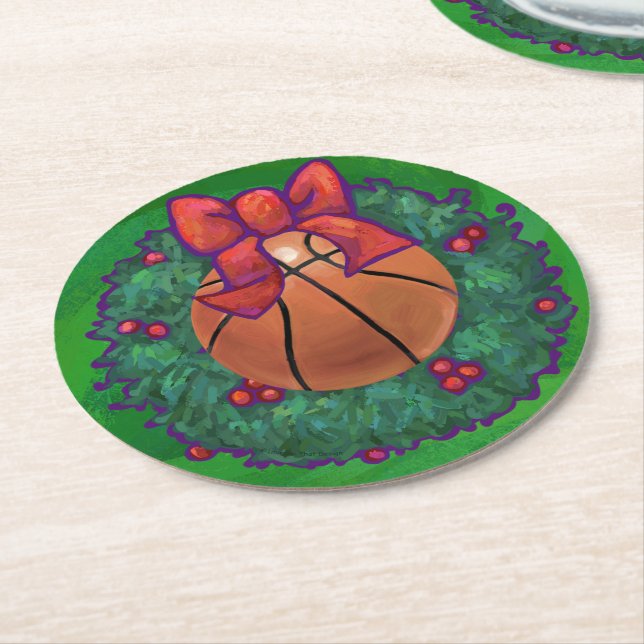Dessous De Verre Rond Basket-ball en couronne de Noël (Incliné)
